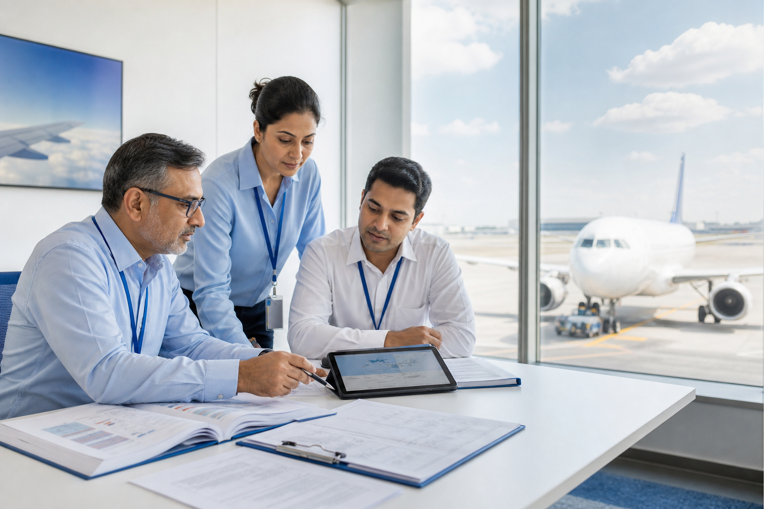 Aviation professionals reviewing airline operations documentation