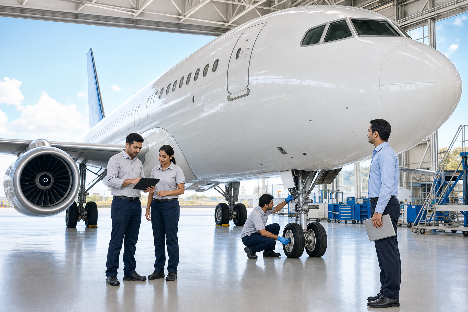 Aircraft airworthiness inspection inside a bright hangar